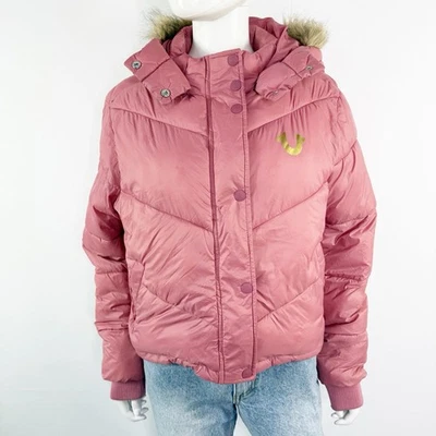 True Religion Pink Puffer Jacket Size XL Faux Fur Trim Hood Quilted Snow Winter - Image 1 of 4