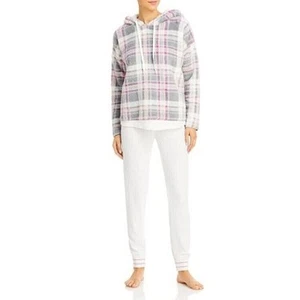 Aqua Women Pastel Grey/Pink Plaid Soft Plush Fleece Relaxed Winter Hoodie Size S - Picture 1 of 6
