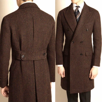 Dark Brown Solid Long Coat Double-breasted With Back Belt Men Formal Overcoat - Image 1 of 4