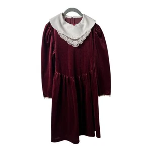 The Ribbons and Lace Collection 80s Vintage Wine Christmas Velvet Girls Dress 14 - Picture 1 of 7