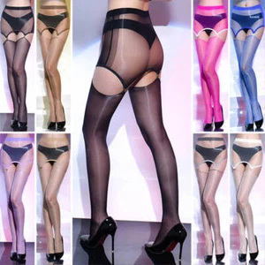 Womens Oil Shiny Glossy Pantyhose Hosiery Garter Belt Stockings Suspender Tights - Picture 1 of 36