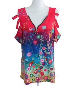 Multi Color Cold Shoulder Zipper Knit Top Size XL (Runs Small) - Picture 1 of 7