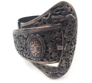 Ancien bracelet manchette Indochine en argent massif filigrane Art Déco signé - Bild 1 von 16