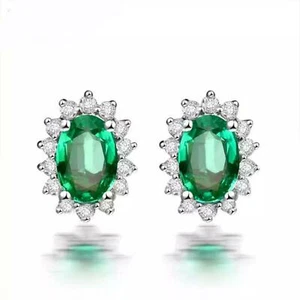 2ct Natural Emerald & Diamond Floral Halo Stud Earrings 14k Solid White Gold - Picture 1 of 14