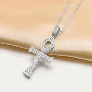 2.00 CT Natural Moissanite Ankh Cross Pendant Women Men 925 Sterling Silver - Picture 1 of 5
