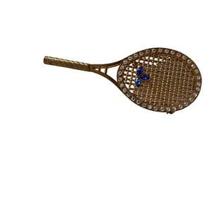 Large Tennis Racket Brooch Pin Gold Tone Blue Stones - Picture 1 of 7