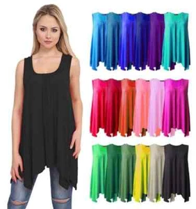New Women Ladies Hanky Hem Baggy Summer Casual Long Plus Tunic Vest Top UK 8-26. - Picture 1 of 24