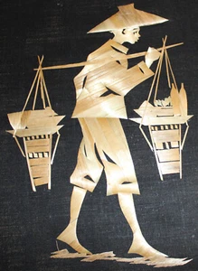 Vintage INTRICATE BAMBOO STRAW ART MAN CARRYING FOOD 11X15 M5 - Picture 1 of 4