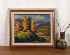 Ladera de otoño con árboles dorados, paisaje al óleo vintage, vista a la montaña - Imagen 1 de 10