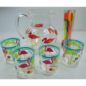 Fun Acrylic Pink Flamingo Pitcher with 4 Cups and 12 Cocktail Stir Sticks Set  - Picture 1 of 6