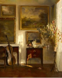 Interieur um 1800 mit Cello Gemälde Reproduktion Druck auf Fine Art Papier - Bild 1 von 1