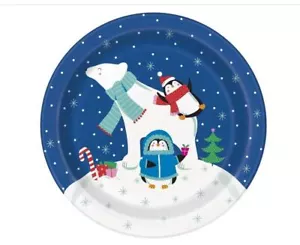 Joyful Holiday Polar Bear Penguins 8 Ct  9 in Paper Dinner Lunch Plates - Picture 1 of 1