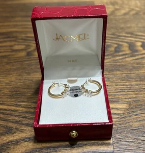 Jacmel JCM Vtg Pierced Earrings 14 KT Yellow Gold Hoops Triple CZ Cubic Zirconia - Picture 1 of 22