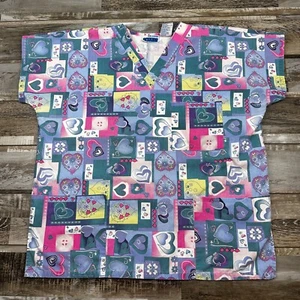 Women's M 10-12 MHD Scrubs top blue pink hearts Nurse Medical - Picture 1 of 6