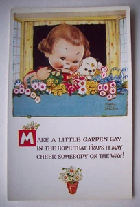 Girl puppy at window flower box garden gay Mabel Lucie Attwell postcard *B19 - Picture 1 of 3