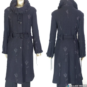 VINTAGE~EC!!~WHiMSiCaL TRINCHERA NEGRA CON CINTURÓN FLORAL APLIQUES BORDADOS LANA TALLA:M - Imagen 1 de 15