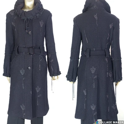 ВИНТАЖНЫЙ ~ EC!!~WHiMSiCaL ЧЕРНАЯ ШЕРСТЯНАЯ ВЫШИТАЯ АППЛИКАЦИЯ С ЦВЕТОЧНЫМ ПОЯСОМ ТРАНШЕЯ РАЗМЕР:M - Изображение 1 из 4