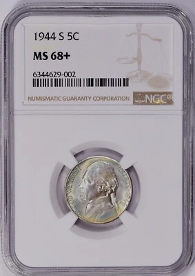 1944 S 5C JEFFERSON War Nickel NGC MS68+ Plus Grade POP 1 Only 1 Higher Toned - Image 1 of 4