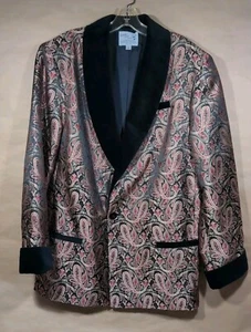 Smoky Joe's Smoking Jacket, Men's Medium, Paisley Brocade, Velvet Cuff Collar - Picture 1 of 9