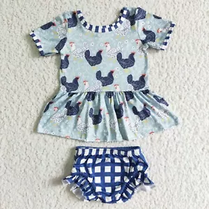 Set gommini a quadri peplo bambina stampa pollo vestito 2 pezzi - Foto 1 di 1