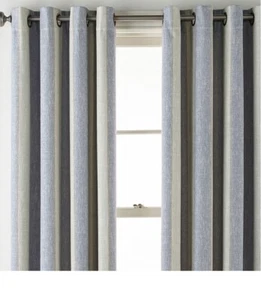 JCP Sullivan Stripe Chambray Blue Gray Beig Blackout Grommet Curtain Panel 50X95 - Picture 1 of 7