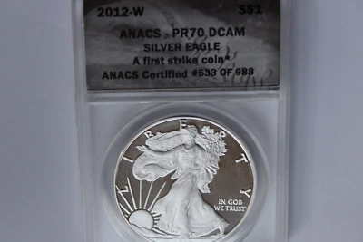 2012-W $1 DOLLAR AMERICAN SILVER EAGLE PR70 DCAM ANACS First strike! - Image 1 of 2