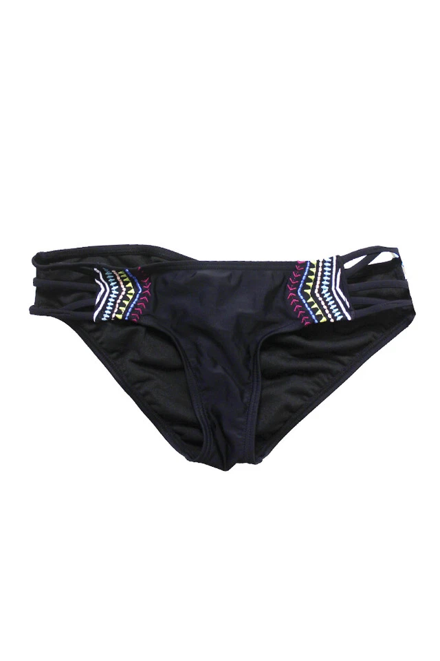 California Waves Embroidered Cutout Hips Bikini Bottom Black Medium