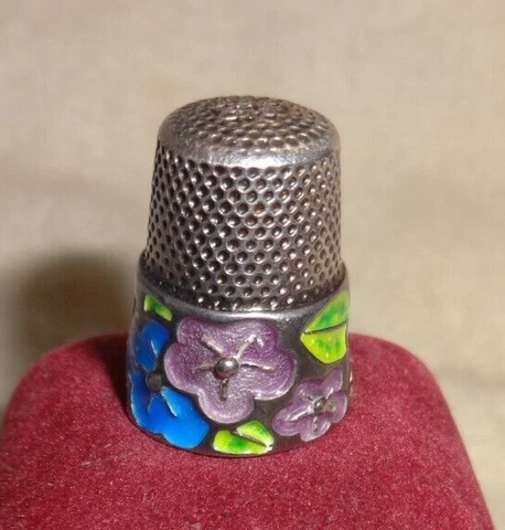 Vintage 925 "G" Enamel Sterling Thimble Flowers Green Blue Pink Cover