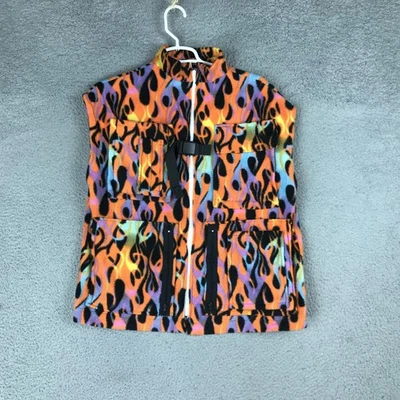 Fatal Fleece Vest Mens Large Orange Black Utility Zip Pockets Buckle Flame Print - Image 1 of 4