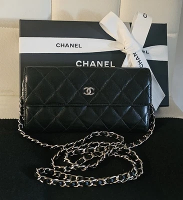 CHANEL Black Lambskin Leather Quilted Long Wallet w/ Box & Cert. of Authenticity - Image 1 of 4