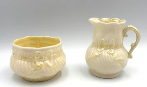VTG Lustrous Belleek Yellow Ribbon Sugar Bowl & Creamer 1st Green Mark 1946-1955 - Picture 1 of 12