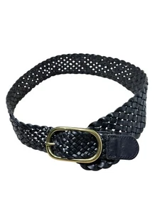 Linea Pelle Black Woven Braided Leather Slouch Belt Brass Buckle - Picture 1 of 8