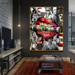 Canvas Wall Art Graffiti Red Lip Money Roll Canvas Painting Picture Home Decor - Picture 1 of 5