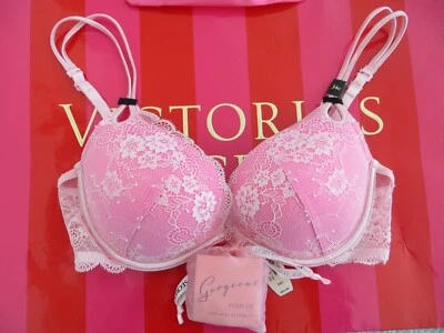 NWT-Victoria's Secret Gorgeous pushup bra 34C light pink lace over bright pink - Image 1 of 4