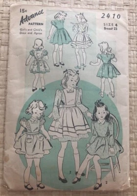 VINTAGE ADVANCE PATTERN 2410 GIRL'S & CHILD'S  DRESS & APRON UNCUT FF - Image 1 of 3