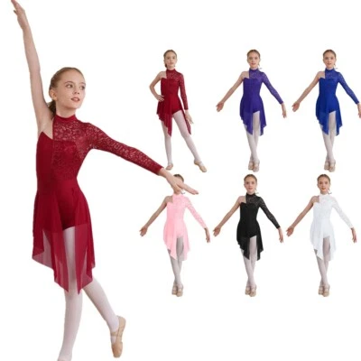 UK Girls Lyrical Dance Dress Leotard Asymmetrical Sheer Skirt Ballroom Costumes - Image 1 of 4