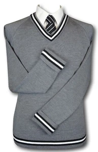 Mid Grey School Uniform Jumper Black White & Black Trim At The Neck Cuffs & Welt - Picture 1 of 3