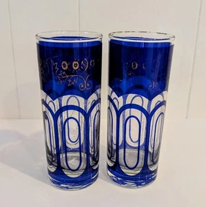 MCM Moroccan Bohemian Cobalt Blue Gold Paneled Tumbler Glass Set Of 2 - Picture 1 of 12