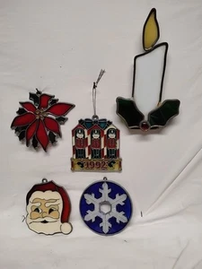 Colored Sun Catchers Hanging Christmas Ornaments lot of 5 Santa Candle Snowflake - Picture 1 of 9