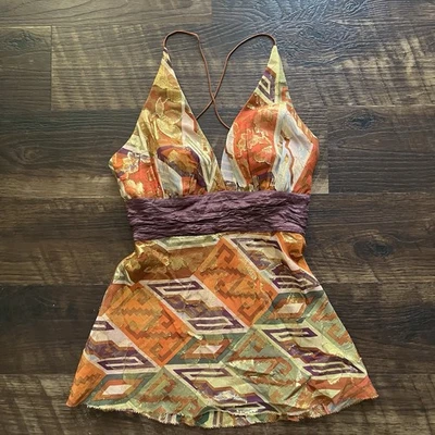 Camiseta sin mangas vintage Y2K Nicole Miller mezcla de seda abstracta caprichosa Babydoll 2 XS Foto 1 de 4