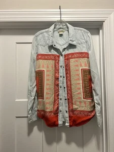 Lucky Brand Dixie Scarf Printed Snap Button Chambray Shirt Top Boho Size Large - Picture 1 of 7