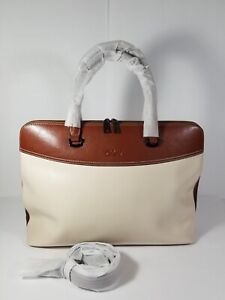 Cluci Briefcase Laptop Tote Tan & Cream Leather Crossbody Shoulder Travel Bag