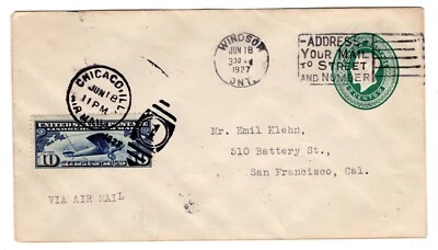 C10 Lindbergh 10c Airmail 1927 FDC - Mixed Franking w/ Canada Chicago U/O - Image 1 of 2