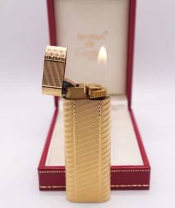 Cartier Vintage Oval WORKING Lighter Gold Plated Diagonal Striped Pattern w/Box - Picture 1 of 19