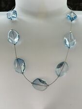 Pretty Light Blue Beaded Necklace On Silver Tone Wire Necklace 48cm Long