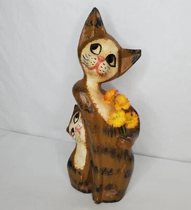 Vtg MCM Carved Cat Kitten Tabby Cats Orange Flowers Kitsch Folk Art Style - Picture 1 of 12