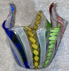 Vintage mundgeblasene venezianische Kunst Glas Taschentuch Vase Lattacino Band bunt - Bild 1 von 12