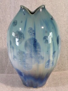 Bill Campbell Art Pottery Fish Mouth Vase Blue Flambeaux Crystalline Glaze - Picture 1 of 6