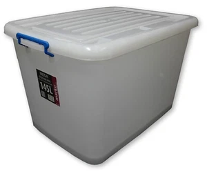 PLASTIC STORAGE BOX EXTRA LARGE 145L WITH LID LOCK HANDLE HEAVY DUTY HOME OFFICE - Picture 1 of 5