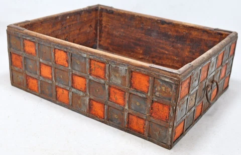 Vintage Wooden Storage Basket Original Old Hand Crafted Metal Fitted Cover